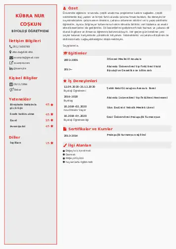 Biyoloji Öğretmeni CV Örnekleri cv indir